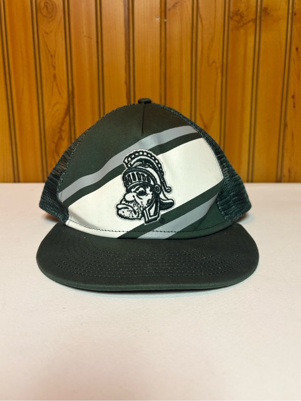 Nike Dark Green and White Striped Trucker Hat with Spartan Patch